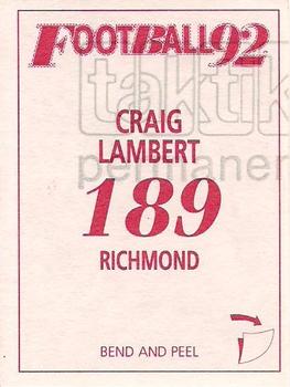 1992 Select AFL Stickers #189 Craig Lambert Back